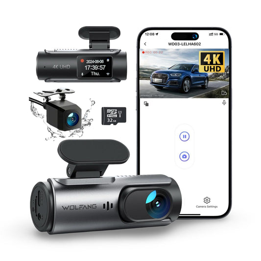 WOLFANG Dashcam Auto Vorne Hinten 4K WiFi Dash Cam mit 32GB SD Karte